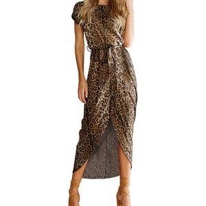 Leopard Print Casual Short Sleeve Maxi Slit Dress